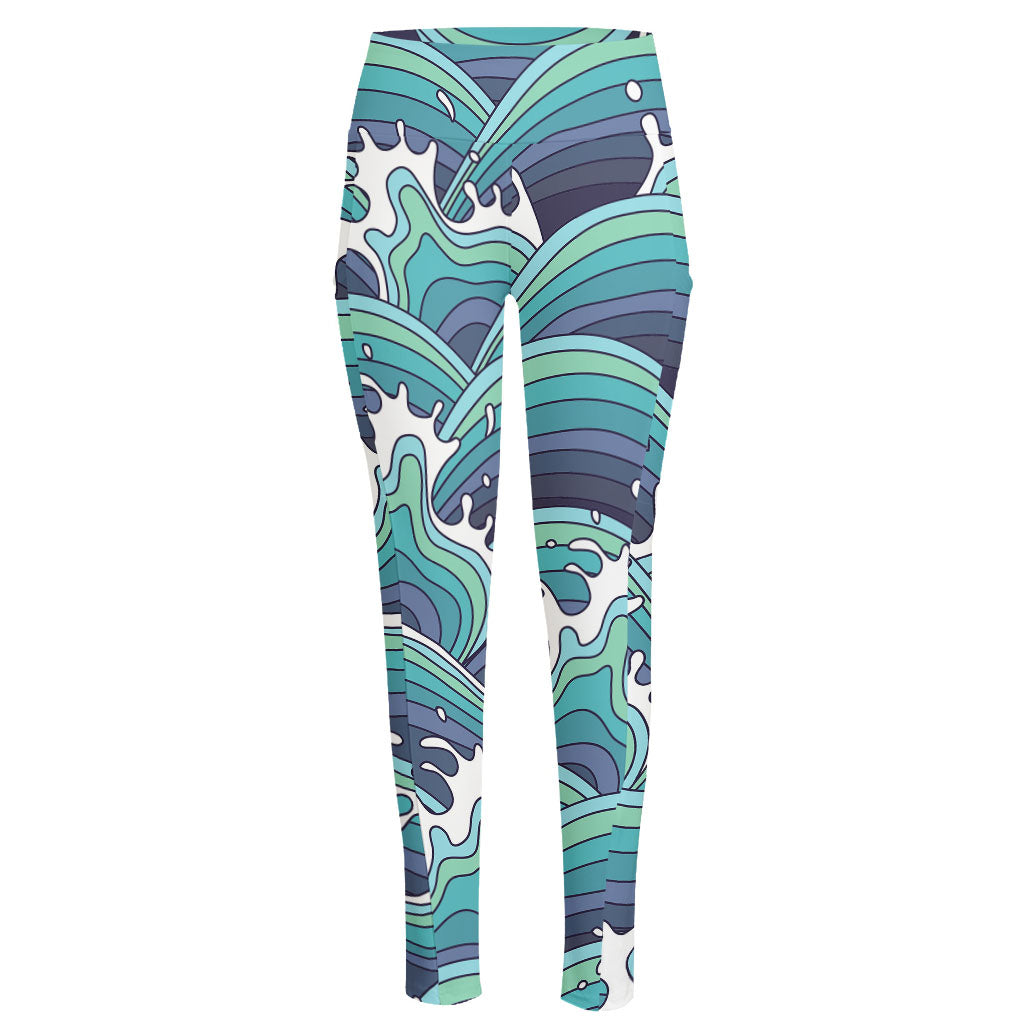 Sea Wave Surfing Pattern Print High-Waisted Pocket Leggings