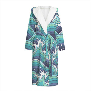 Sea Wave Surfing Pattern Print Hooded Bathrobe