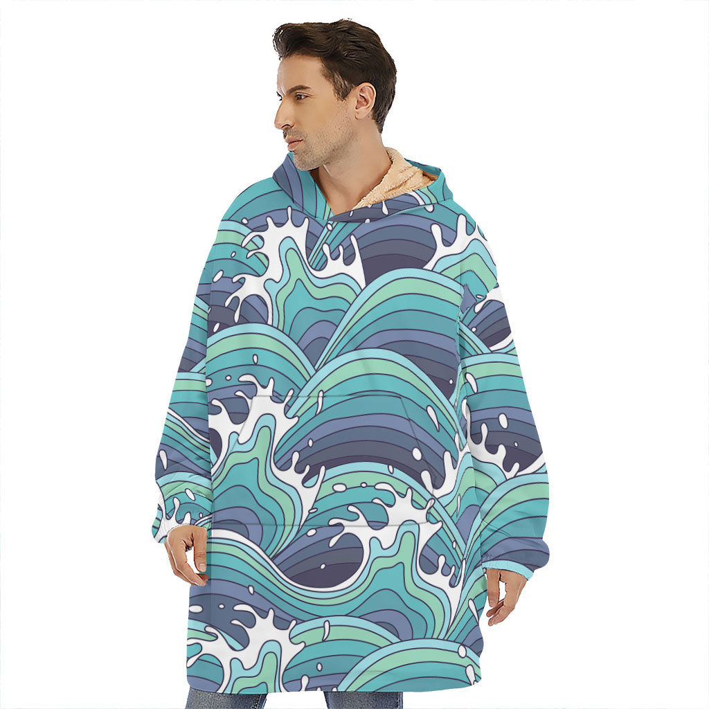 Sea Wave Surfing Pattern Print Hoodie Blanket