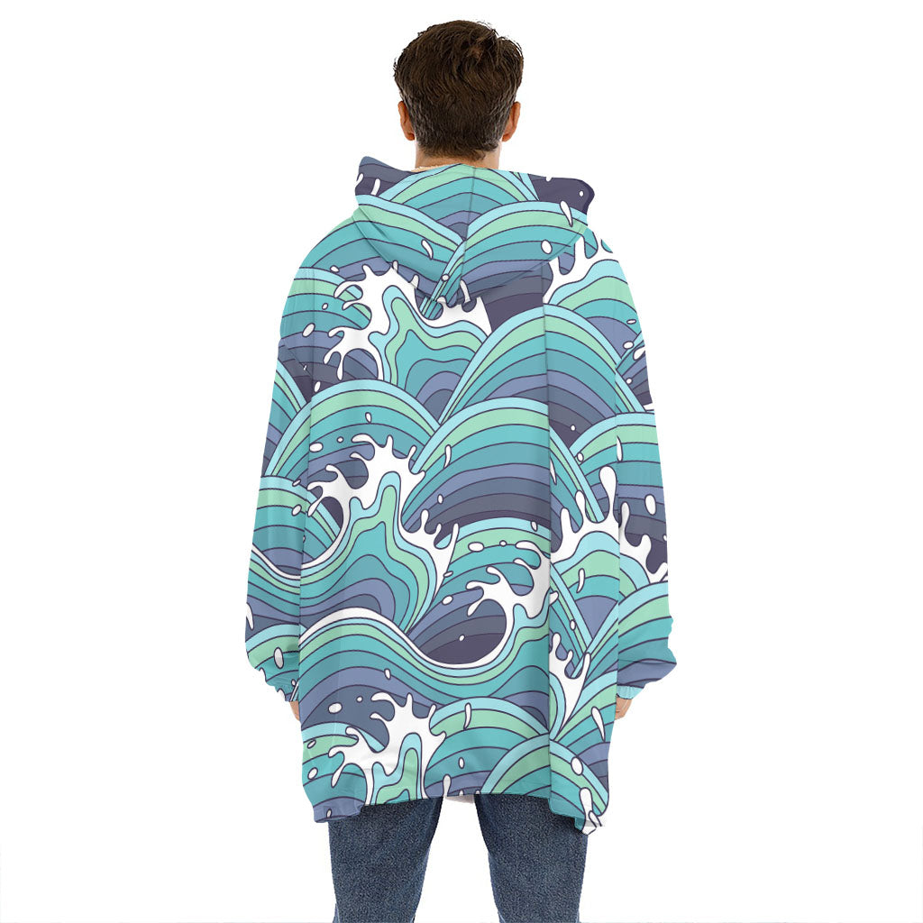 Sea Wave Surfing Pattern Print Hoodie Blanket