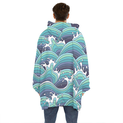 Sea Wave Surfing Pattern Print Hoodie Blanket