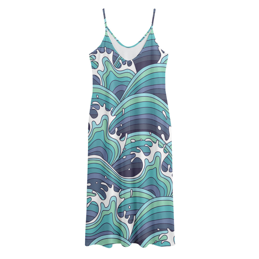 Sea Wave Surfing Pattern Print Jersey Midi Cami Dress