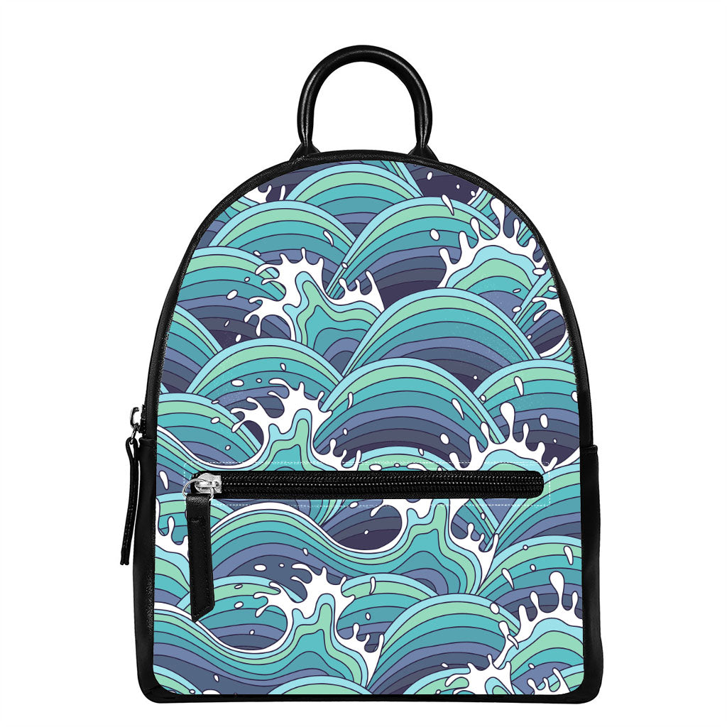 Sea Wave Surfing Pattern Print Leather Backpack