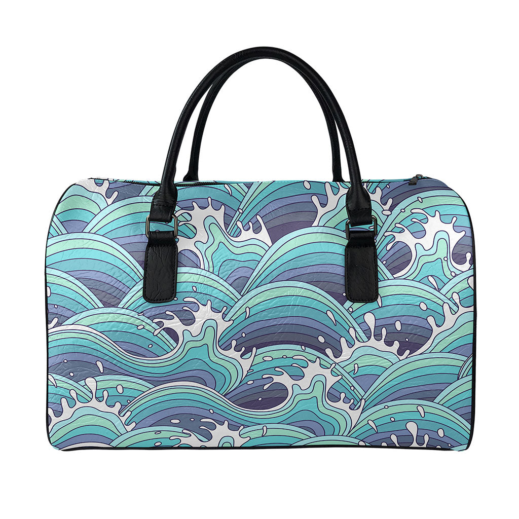 Sea Wave Surfing Pattern Print Leather Duffle Bag