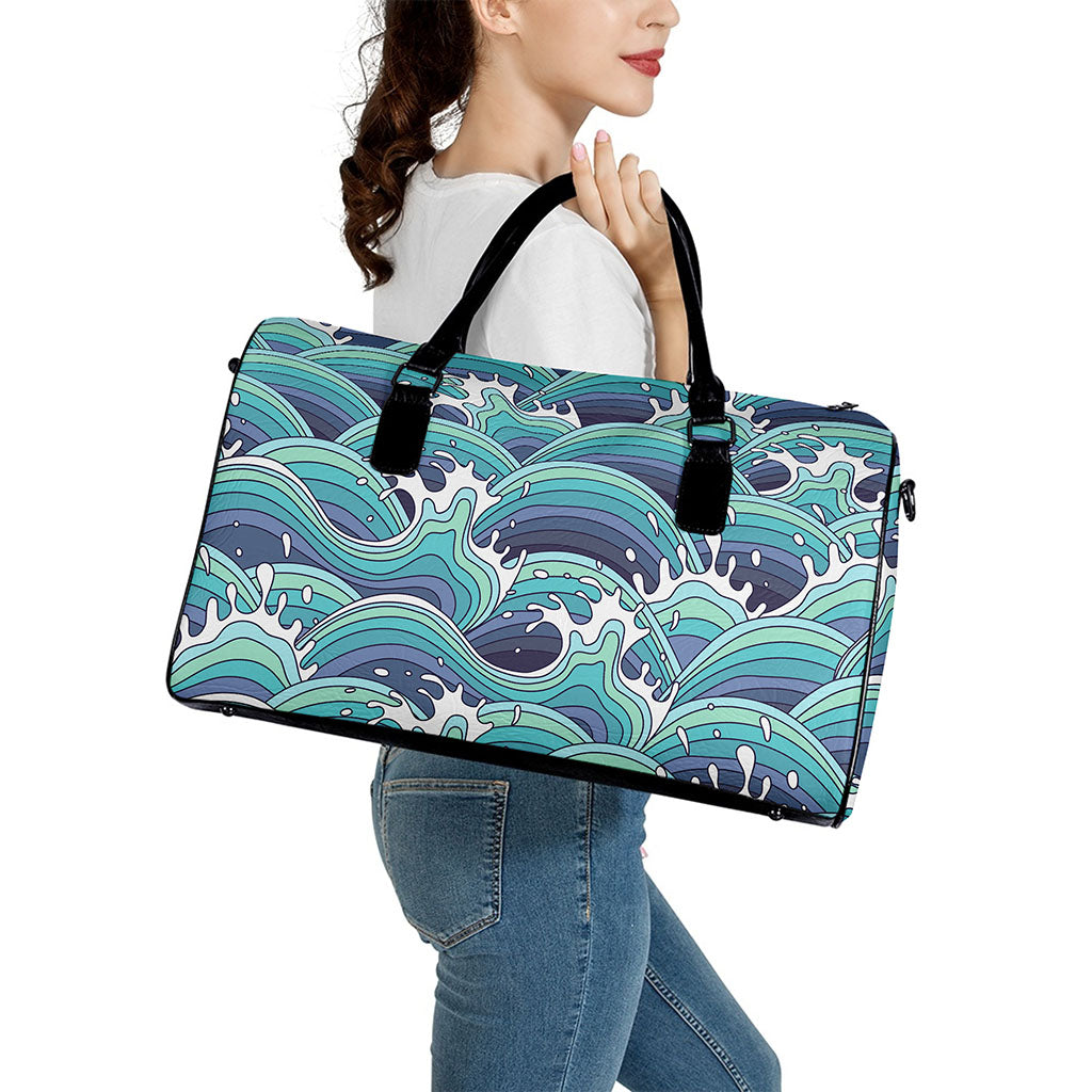 Sea Wave Surfing Pattern Print Leather Duffle Bag