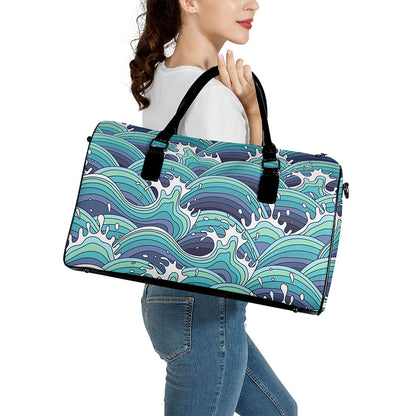 Sea Wave Surfing Pattern Print Leather Duffle Bag
