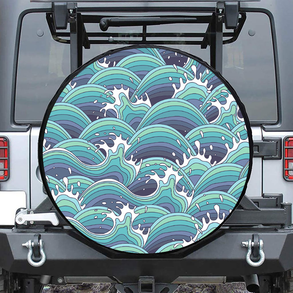 Sea Wave Surfing Pattern Print Leather Spare Tire Cover