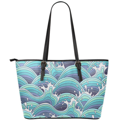 Sea Wave Surfing Pattern Print Leather Tote Bag