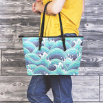 Sea Wave Surfing Pattern Print Leather Tote Bag