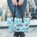 Sea Wave Surfing Pattern Print Leather Tote Bag