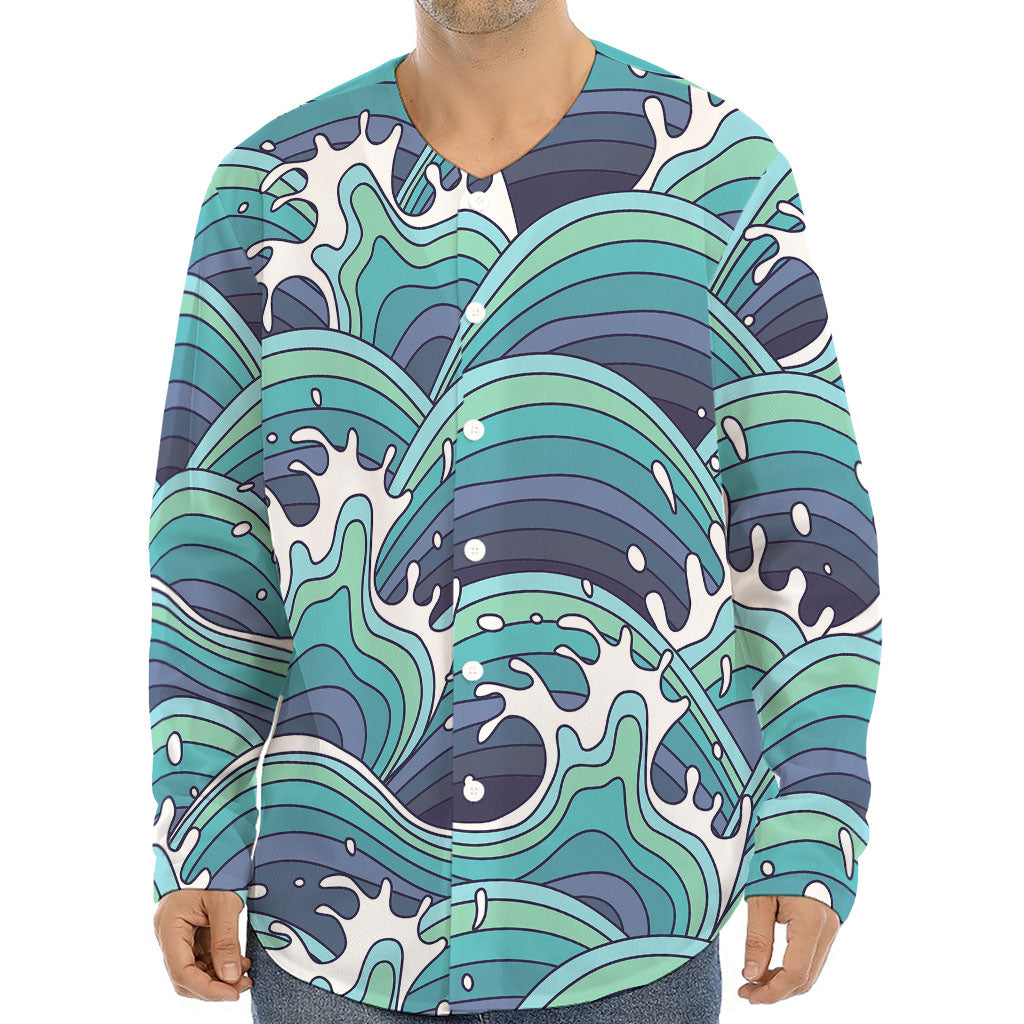 Sea Wave Surfing Pattern Print Long Sleeve Baseball Jersey