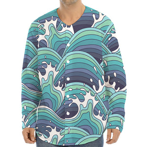 Sea Wave Surfing Pattern Print Long Sleeve Baseball Jersey