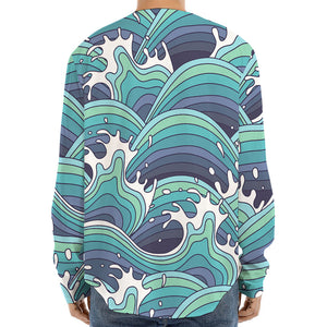 Sea Wave Surfing Pattern Print Long Sleeve Baseball Jersey