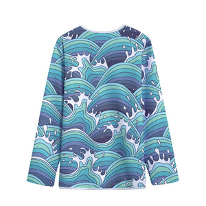 Sea Wave Surfing Pattern Print Long Sleeve Short Coat