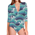 Sea Wave Surfing Pattern Print Long Sleeve Swimsuit