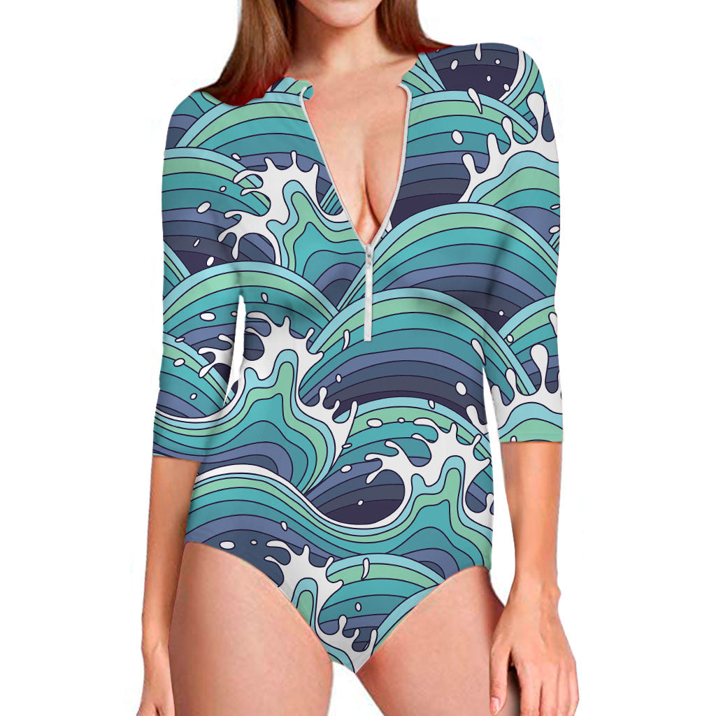 Sea Wave Surfing Pattern Print Long Sleeve Swimsuit
