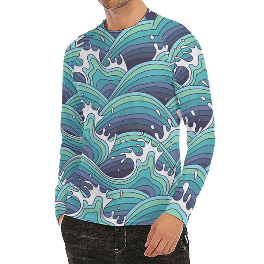 Sea Wave Surfing Pattern Print Men's Long Sleeve Rash Guard