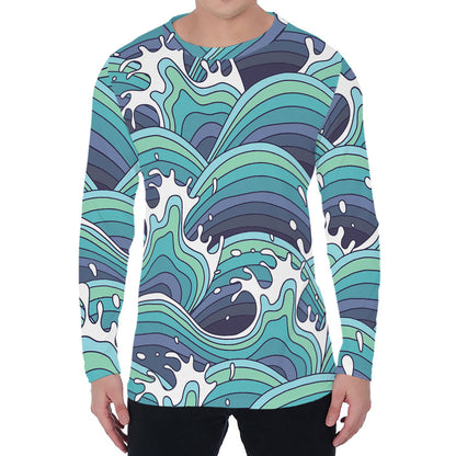 Sea Wave Surfing Pattern Print Men's Long Sleeve T-Shirt