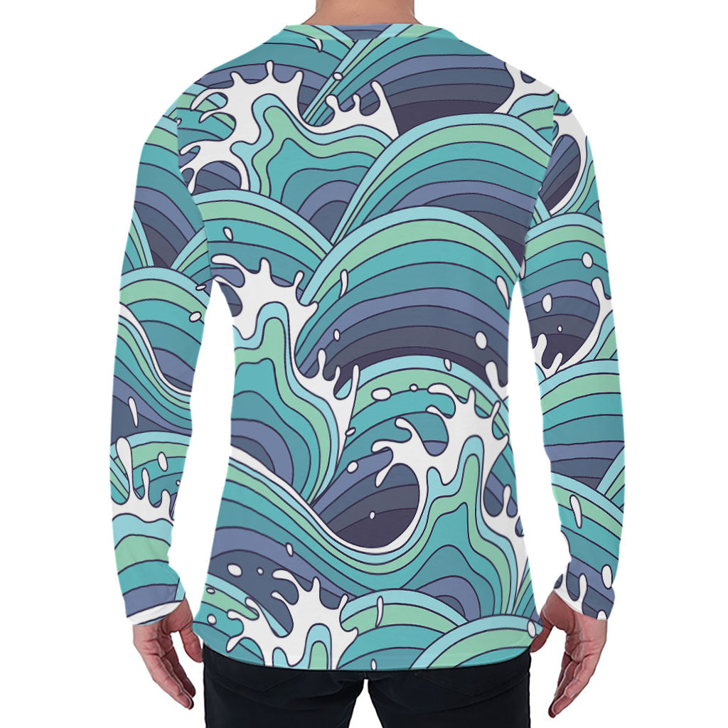 Sea Wave Surfing Pattern Print Men's Long Sleeve T-Shirt