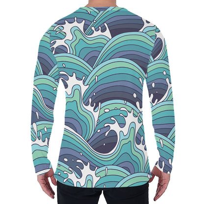Sea Wave Surfing Pattern Print Men's Long Sleeve T-Shirt