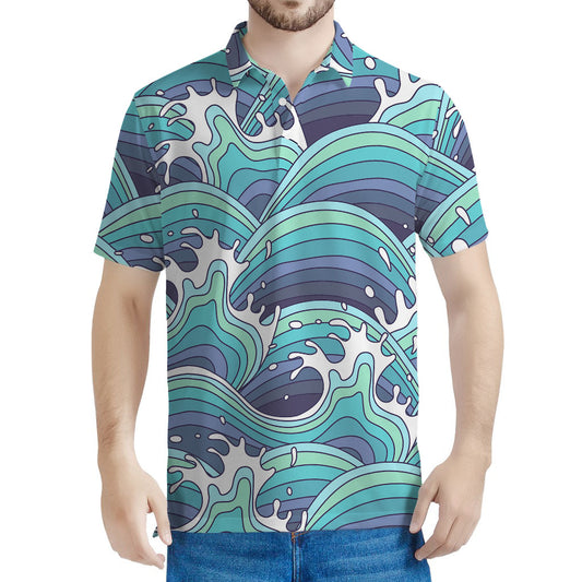 Sea Wave Surfing Pattern Print Men's Polo Shirt