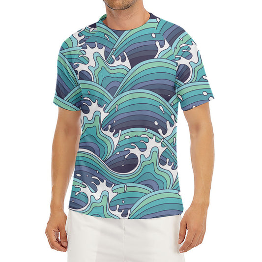 Sea Wave Surfing Pattern Print Men's Short Sleeve Rash Guard
