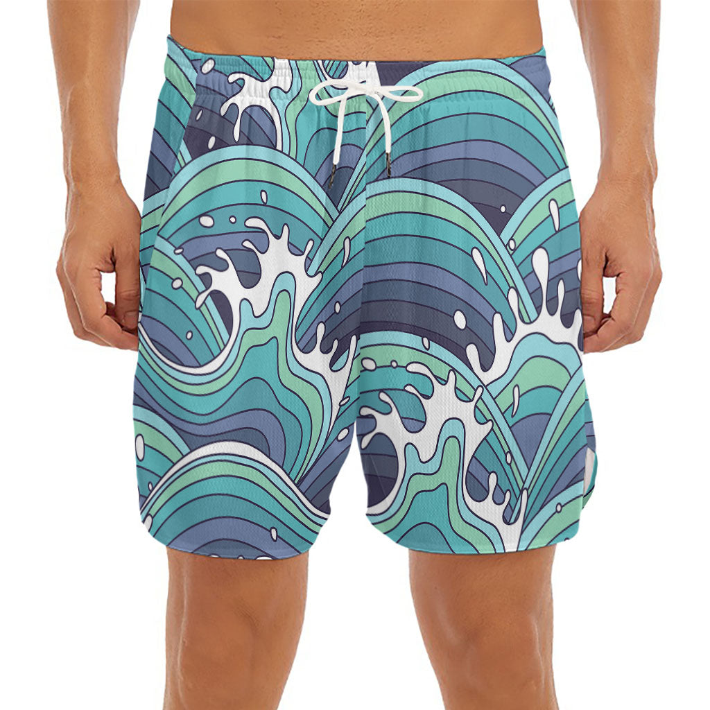 Sea Wave Surfing Pattern Print Men's Split Running Shorts