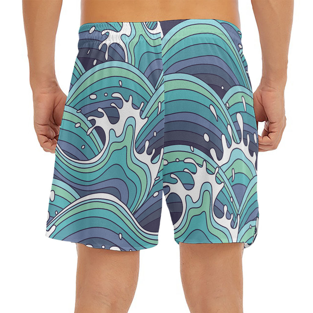 Sea Wave Surfing Pattern Print Men's Split Running Shorts