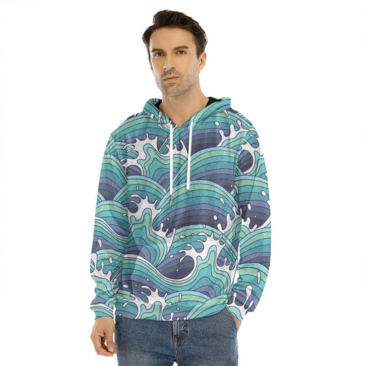 Sea Wave Surfing Pattern Print Men's Velvet Pullover Hoodie