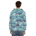 Sea Wave Surfing Pattern Print Men's Velvet Pullover Hoodie