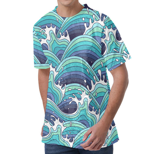 Sea Wave Surfing Pattern Print Men's Velvet T-Shirt