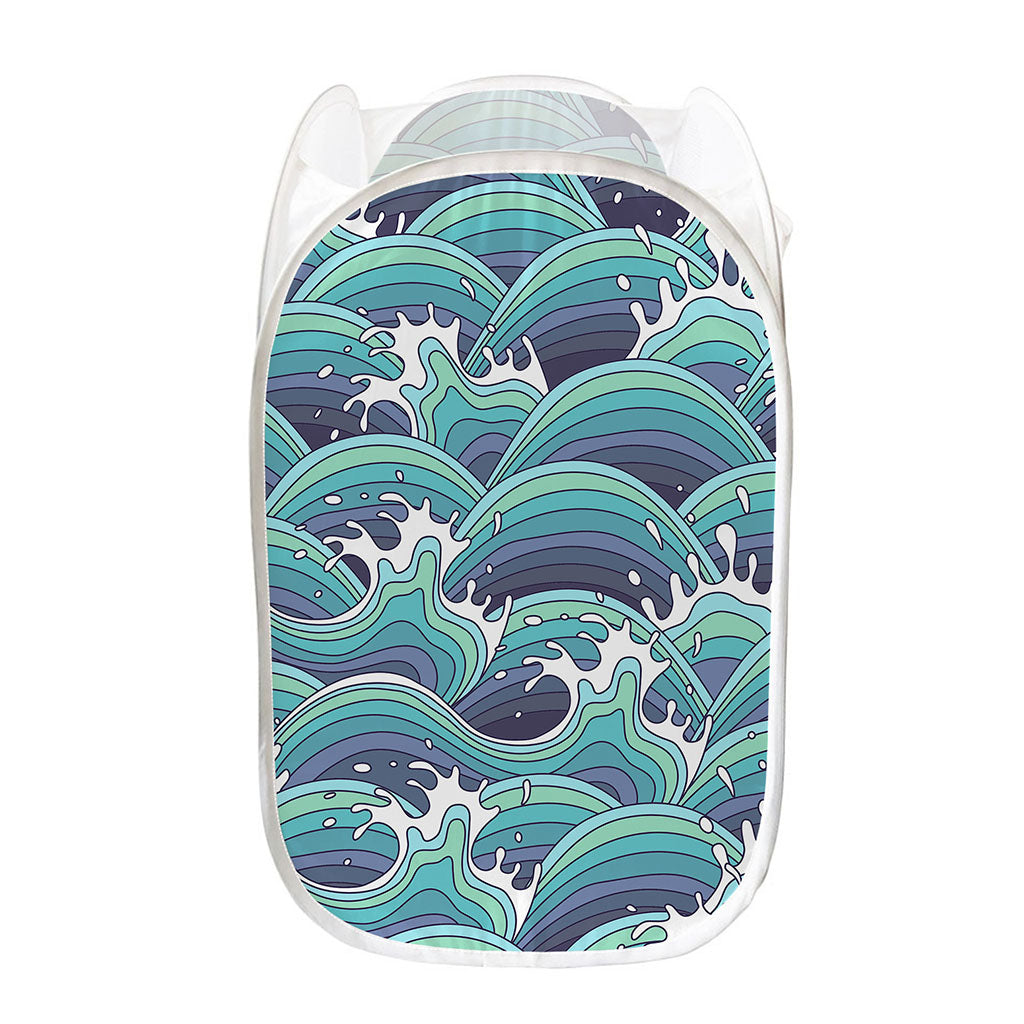 Sea Wave Surfing Pattern Print Mesh Laundry Hamper