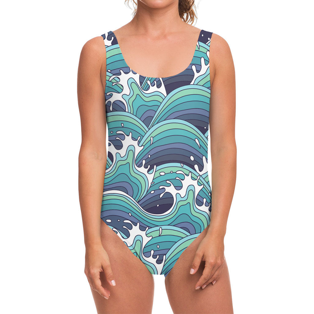 Sea Wave Surfing Pattern Print One Piece Swimsuit
