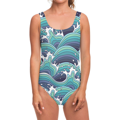Sea Wave Surfing Pattern Print One Piece Swimsuit