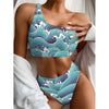 Sea Wave Surfing Pattern Print One Shoulder Bikini Top