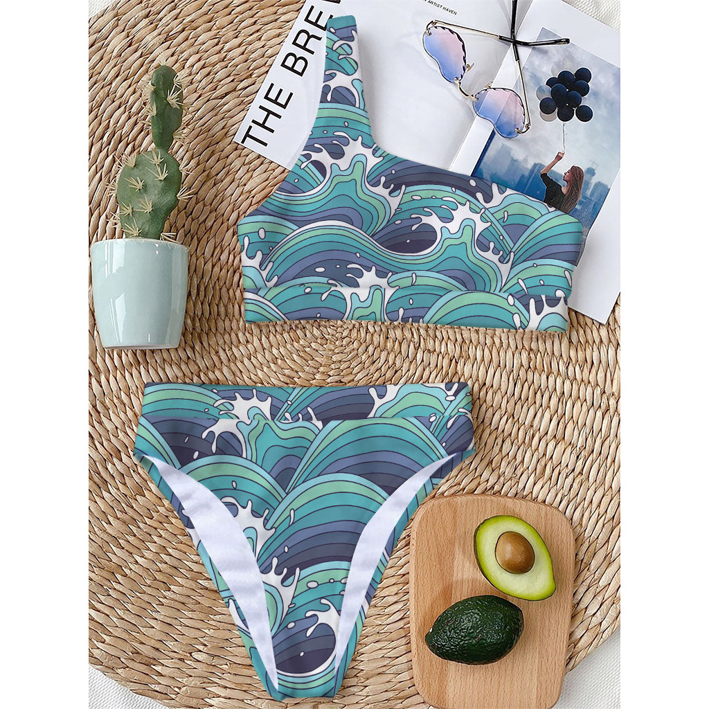 Sea Wave Surfing Pattern Print One Shoulder Bikini Top