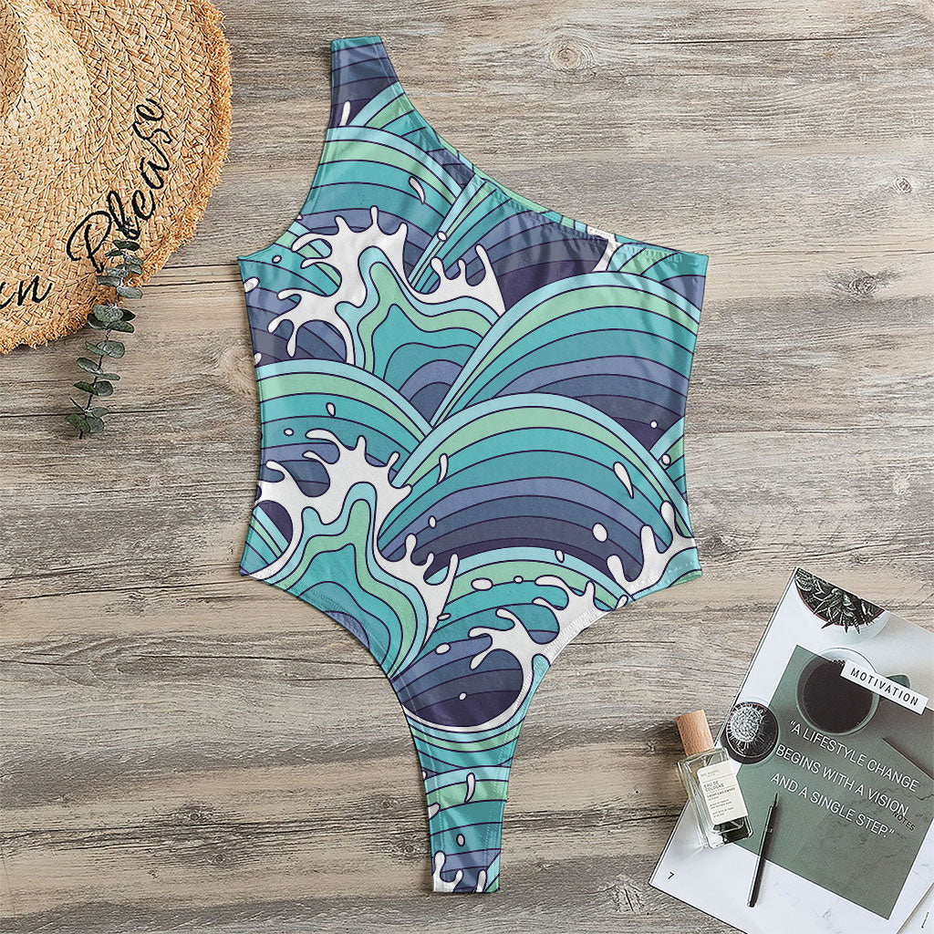 Sea Wave Surfing Pattern Print One Shoulder Bodysuit