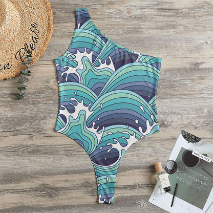 Sea Wave Surfing Pattern Print One Shoulder Bodysuit