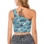 Sea Wave Surfing Pattern Print One Shoulder Crop Top