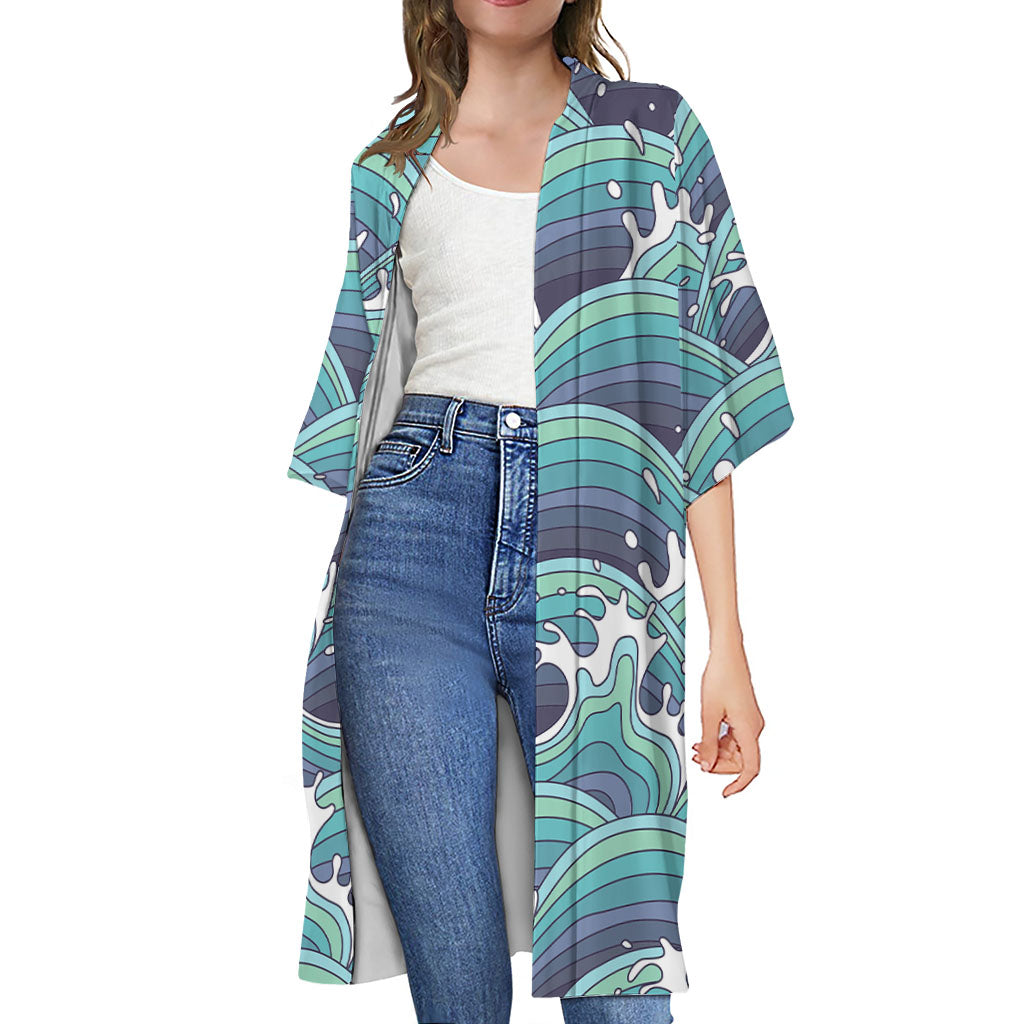 Sea Wave Surfing Pattern Print Open Front Beach Cover Up