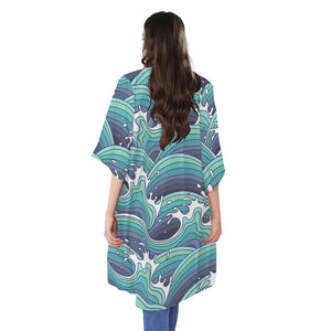 Sea Wave Surfing Pattern Print Open Front Beach Cover Up