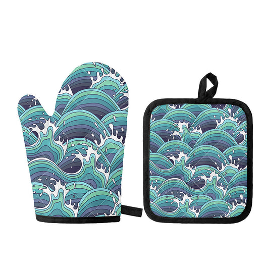 Sea Wave Surfing Pattern Print Oven Mitt And Pot Holder Set