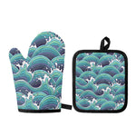 Sea Wave Surfing Pattern Print Oven Mitt And Pot Holder Set