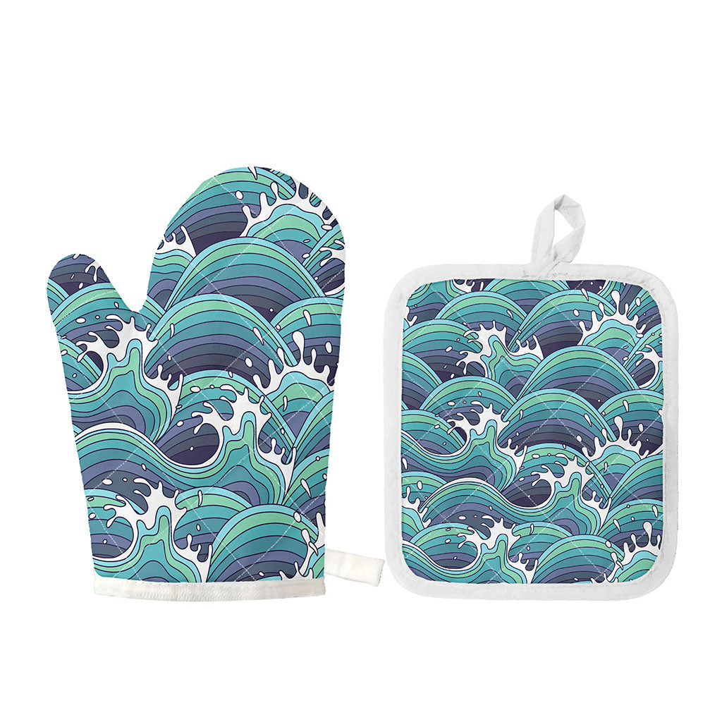 Sea Wave Surfing Pattern Print Oven Mitt And Pot Holder Set