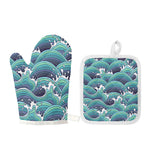 Sea Wave Surfing Pattern Print Oven Mitt And Pot Holder Set
