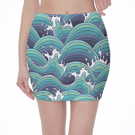 Sea Wave Surfing Pattern Print Pencil Mini Skirt