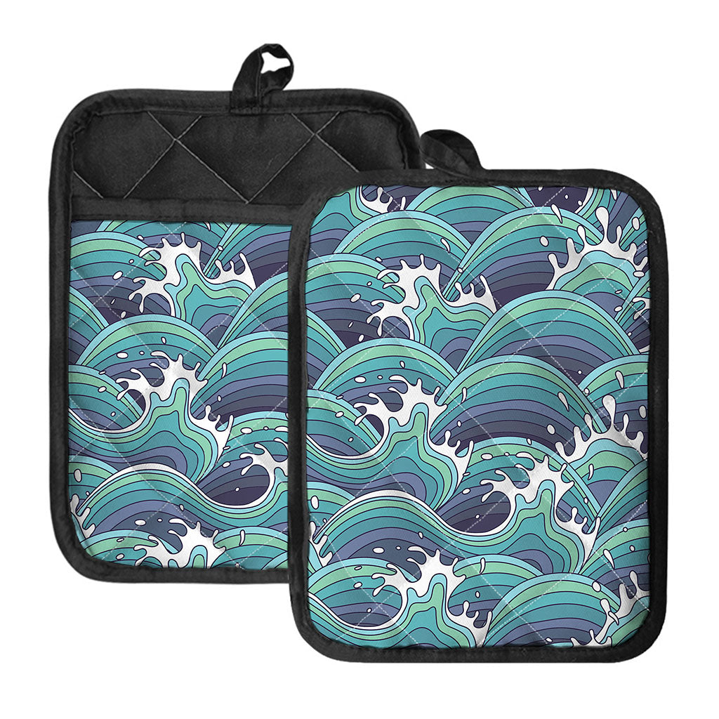 Sea Wave Surfing Pattern Print Pot Holders With Pocket