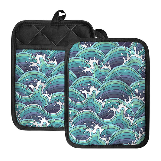 Sea Wave Surfing Pattern Print Pot Holders With Pocket