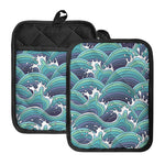 Sea Wave Surfing Pattern Print Pot Holders With Pocket