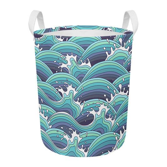 Sea Wave Surfing Pattern Print Round Laundry Basket